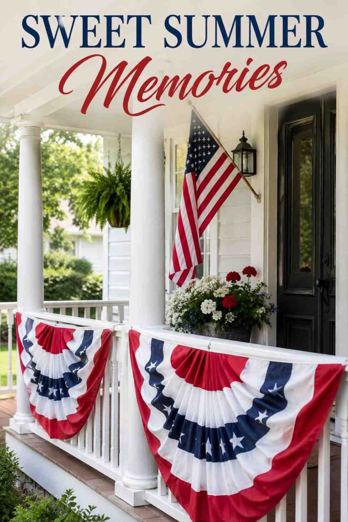 Patriotic Porch Ideas for a Warm, Welcoming American Entry 2 Patriotic porch flag display with red white and blue bunting on the railing