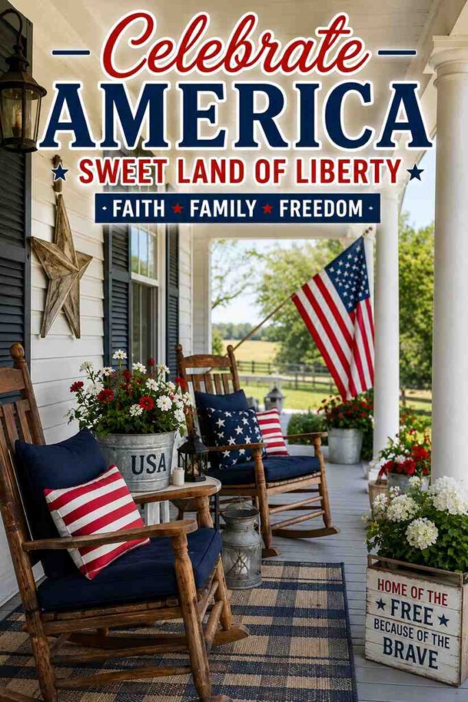 Patriotic Porch Ideas for a Warm, Welcoming American Entry 7 Farmhouse patriotic porch with flag, rocking chairs, and summer flowers