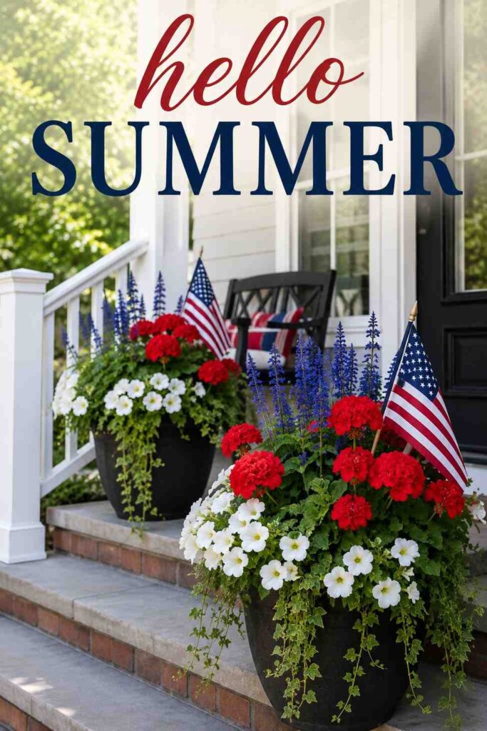 Patriotic Porch Ideas for a Warm, Welcoming American Entry 3 Red white and blue porch planters for patriotic porch decor