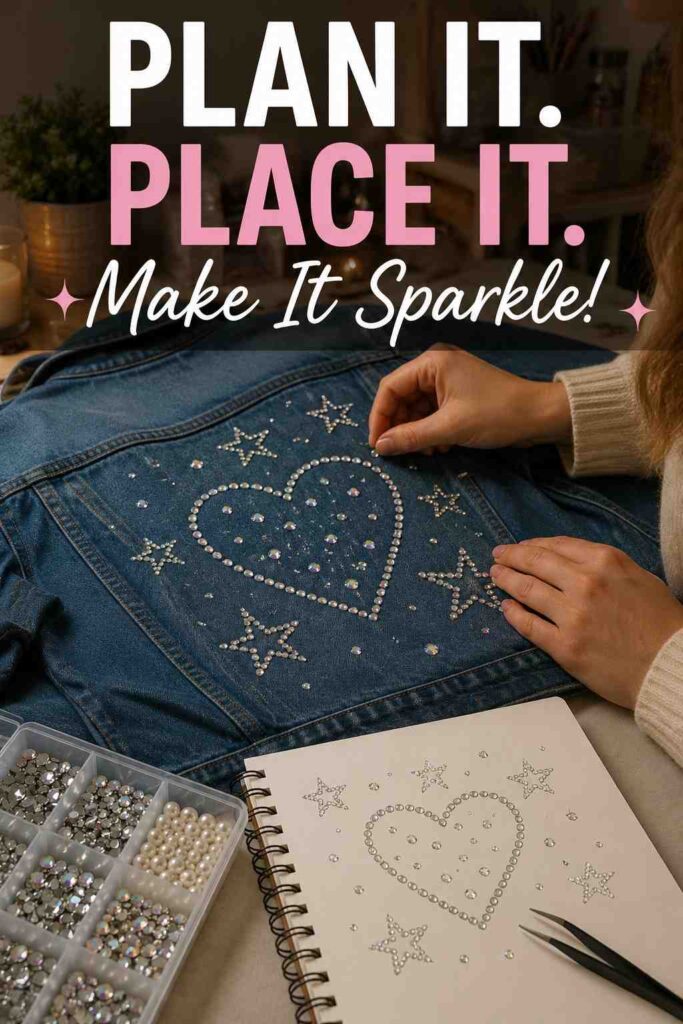 Bedazzle Design Ideas: Creative Rhinestone Projects for Clothing, Accessories, Shoes, and Home Decor 3 Planning a rhinestone pattern on a denim jacket before gluing