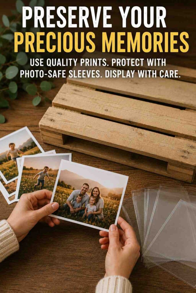Pallet Photo Display: Rustic DIY Ideas, Safe Wood Tips, and Styling Guide 8 Printed family photos being protected before adding them to a pallet photo display