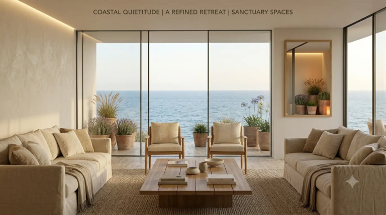 Quiet luxury living room with neutral colors, linen furniture, and elegant decor