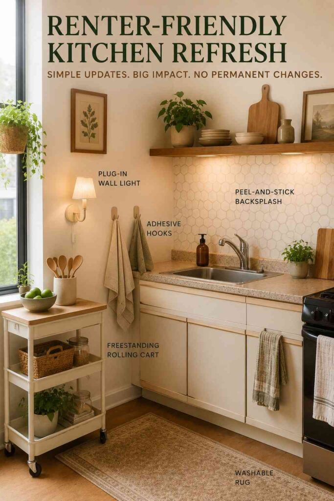 Kitchen Decor Ideas That Make Your Space Warmer, Smarter, and Easier to Love 8 Renter-friendly kitchen decor with rolling cart, removable backsplash, hooks, and washable rug