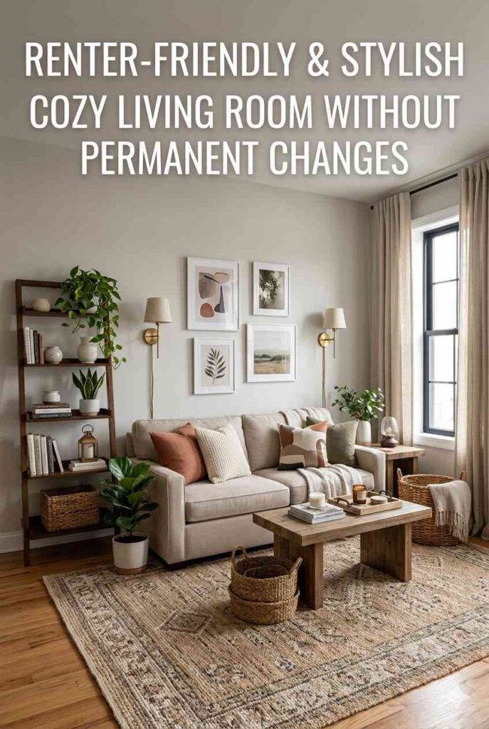 Renter-friendly living room with large rug, freestanding shelves, curtains, baskets, plug-in lighting, and cozy decor.