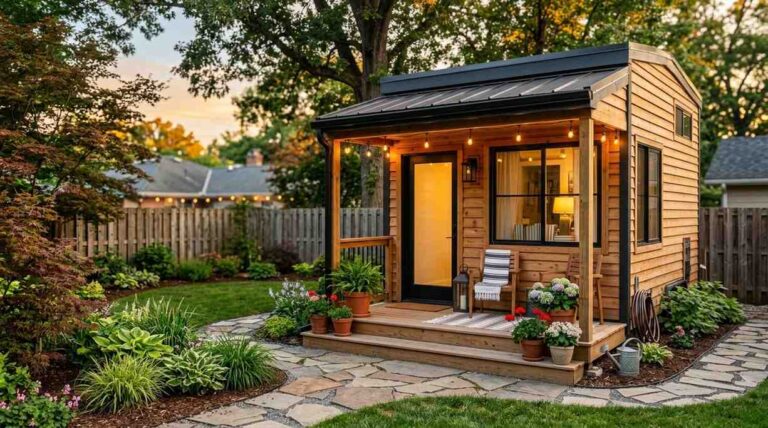 Shed to tiny house conversion with porch and modern backyard exterior