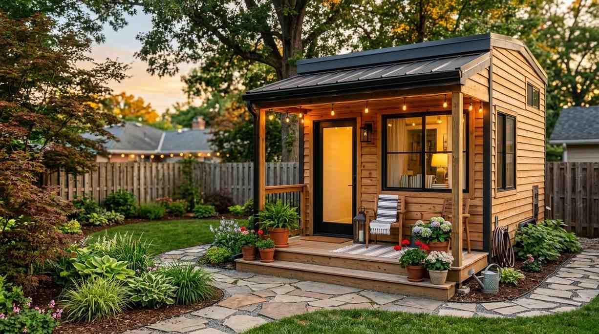 Shed to tiny house conversion with porch and modern backyard exterior