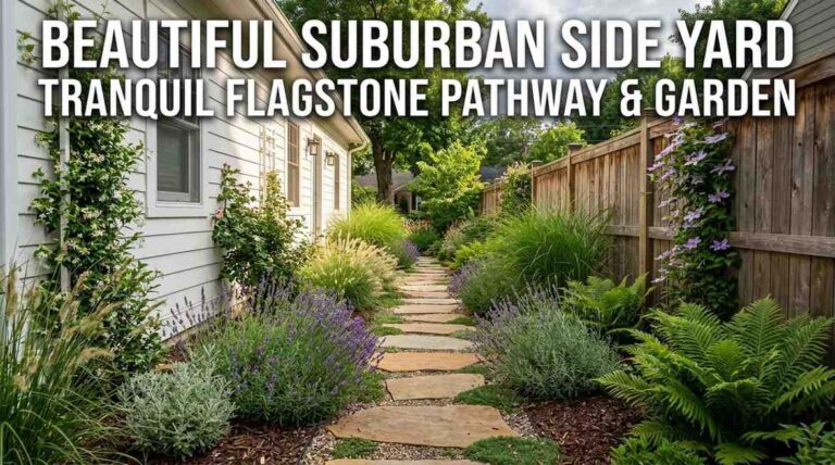 Beautifully landscaped side yard with flagstone stepping stone pathway lined with lavender and ornamental grasses
