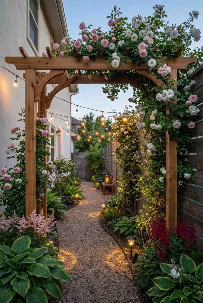 Wide side yard designed as a lush pocket garden with cedar arbor climbing roses gravel path and bistro seating