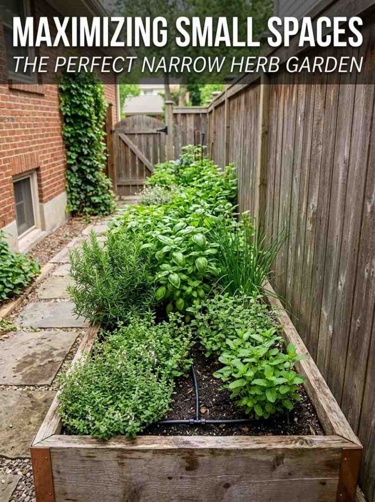 Narrow raised garden bed with herbs growing alongside a cedar fence in a residential side yard