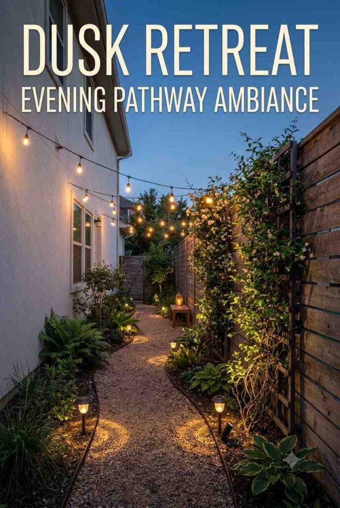 Side yard pathway at dusk with overhead string lights and solar path lights creating warm evening ambiance