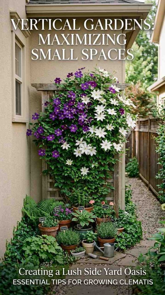 Wooden trellis with purple clematis climbing vines mounted against a home exterior wall in a narrow side yard