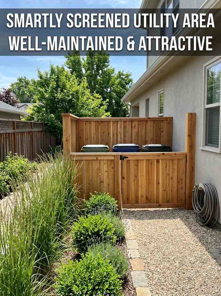 Custom cedar enclosure screening trash bins in a side yard with ornamental grasses and gravel pathway