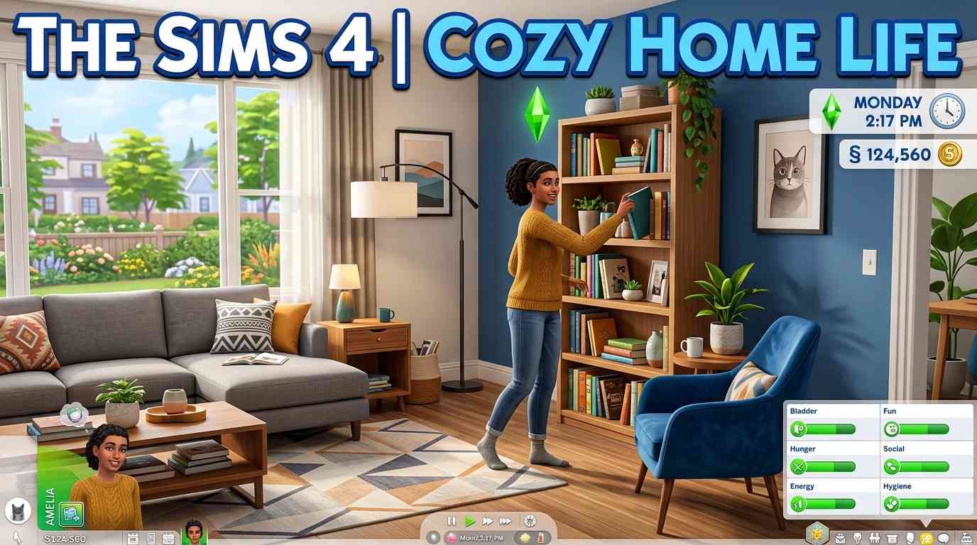 Sims 4 gameplay showing a Sim interacting in a modern home with custom content