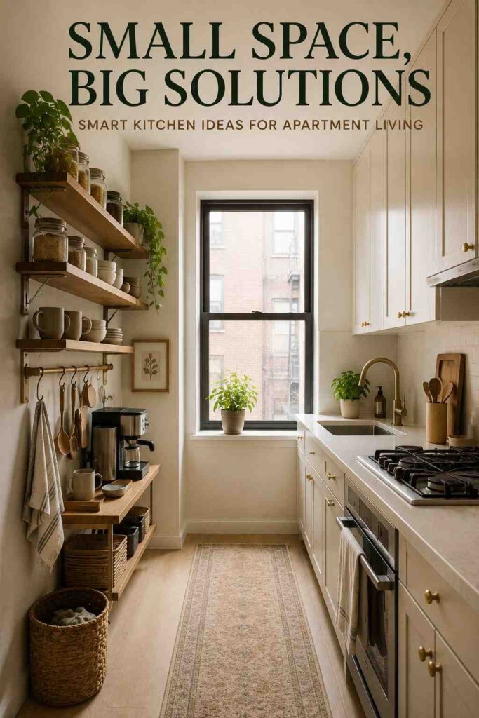 Kitchen Decor Ideas That Make Your Space Warmer, Smarter, and Easier to Love 7 Small kitchen decor with vertical storage, light cabinets, runner rug, and clean counters