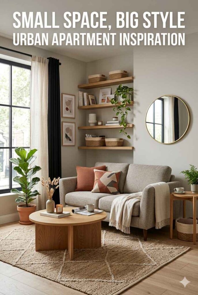 Small living room with compact sofa, round coffee table, wall shelves, mirror, and cozy modern decor.