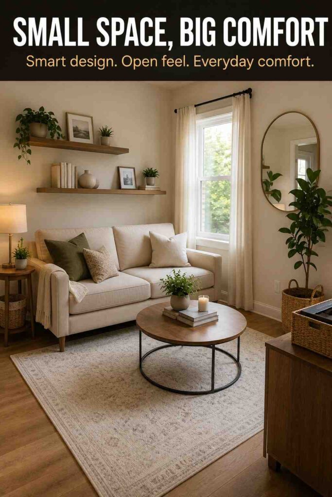 Living Room Ideas: A Complete Guide to Designing a Warm, Stylish, and Practical Space 6 Small living room idea with compact sofa, mirror, wall shelves, round table, and space-saving storage.