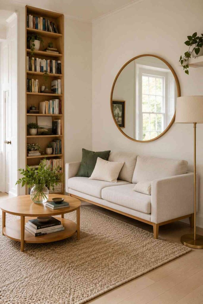 10+ Home Living Room Ideas: How to Design a Space You'll Actually Love Living In 4 "Small living room with tall bookshelf and mirror to maximize space"