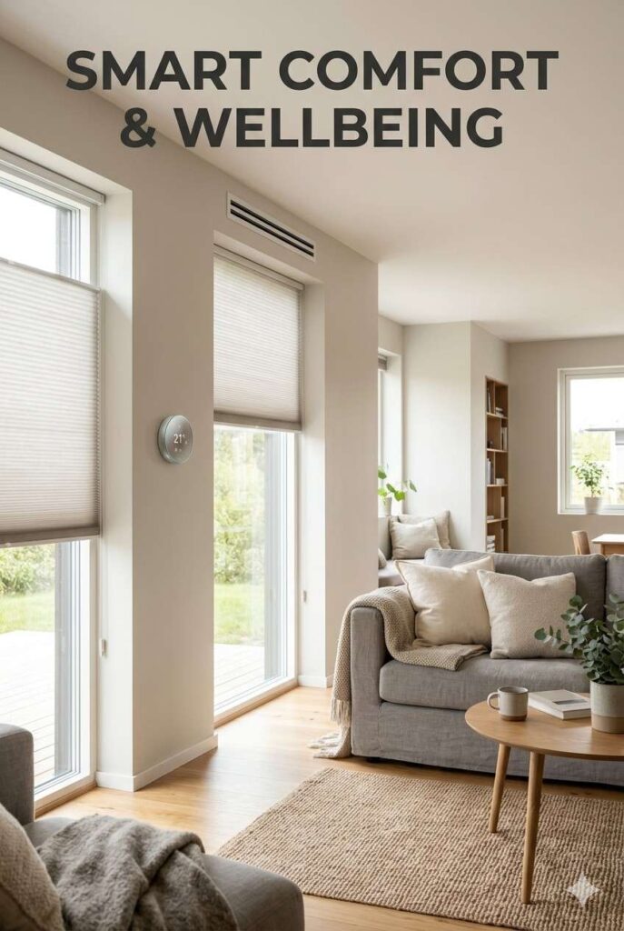 Dream Home Ideas: 27 Beautiful, Practical Ways to Design a Home You’ll Love 9 Smart home comfort features with thermostat, clean air vents, shades, and cozy interior