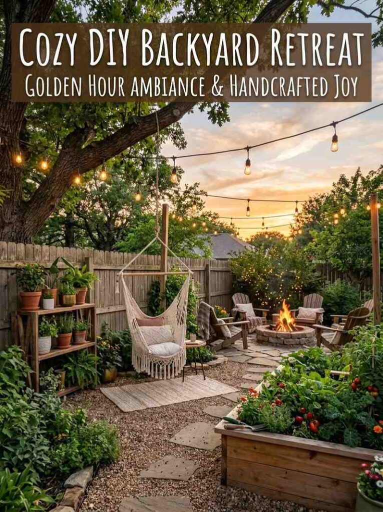 Completed summer DIY backyard transformation with garden bed, macramé chair, string lights, and fire pit at golden hour