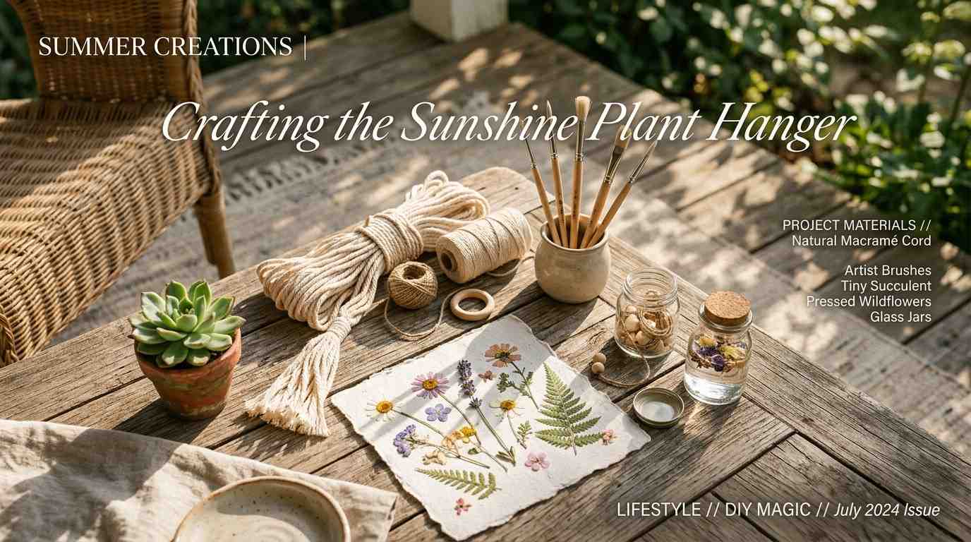 Flat lay of summer DIY ideas materials including macramé rope, brushes, pressed flowers, and glass jars on a wooden porch