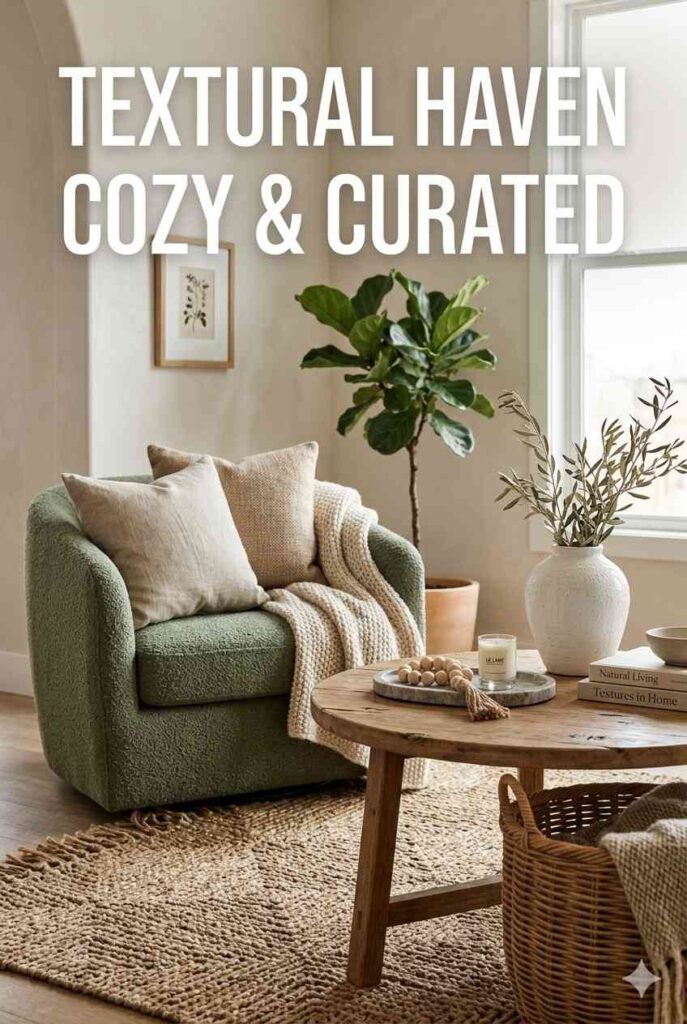 Textured living room decor with linen pillows, wool throw, boucle chair, rattan basket, wood, ceramic, and woven rug.