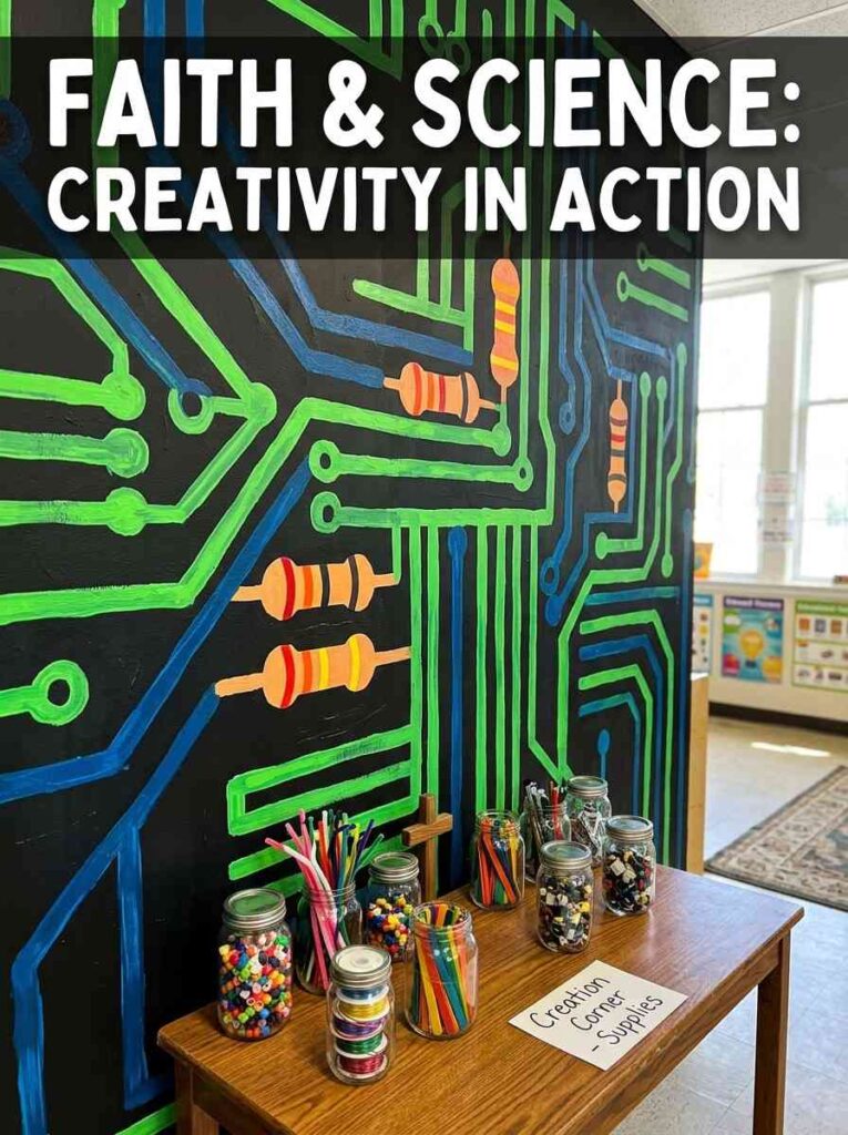 Hand-painted circuit board wall mural in electric green and blue for a VBS Illumination Station themed church classroom decoration