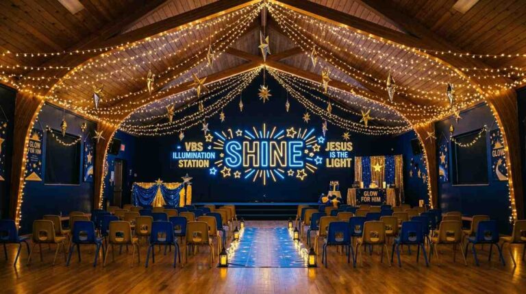 VBS Illumination Station decorations in a church hall with fairy lights, metallic stars, and neon-style SHINE sign on a dark blue wall