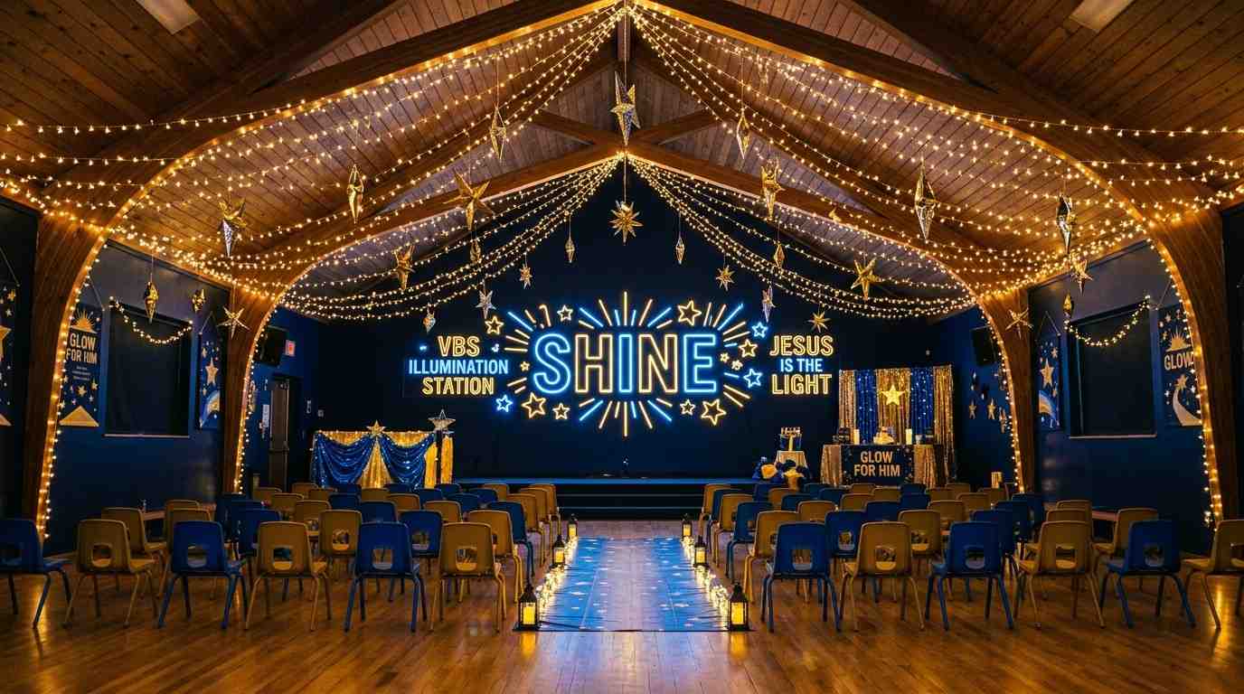 VBS Illumination Station decorations in a church hall with fairy lights, metallic stars, and neon-style SHINE sign on a dark blue wall