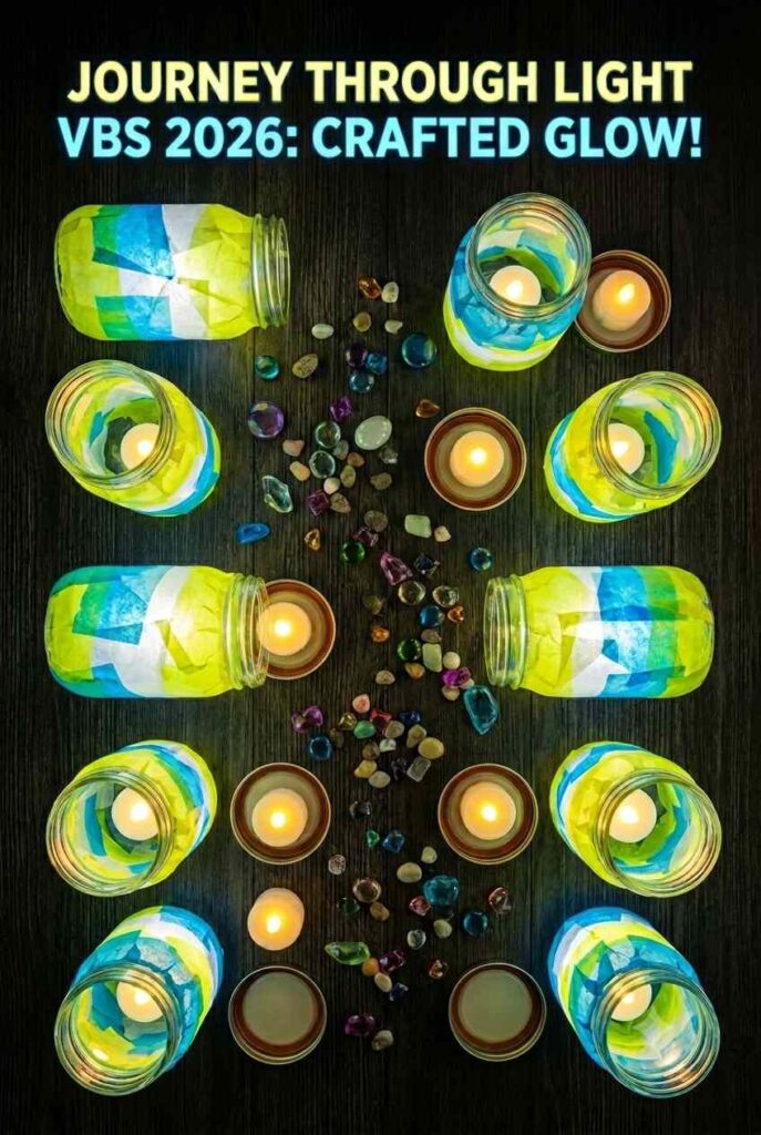 Handmade glow jar lanterns for VBS Illumination Station decorations — mason jars covered in tissue paper and lit with LED tea lights in blue, yellow, and white