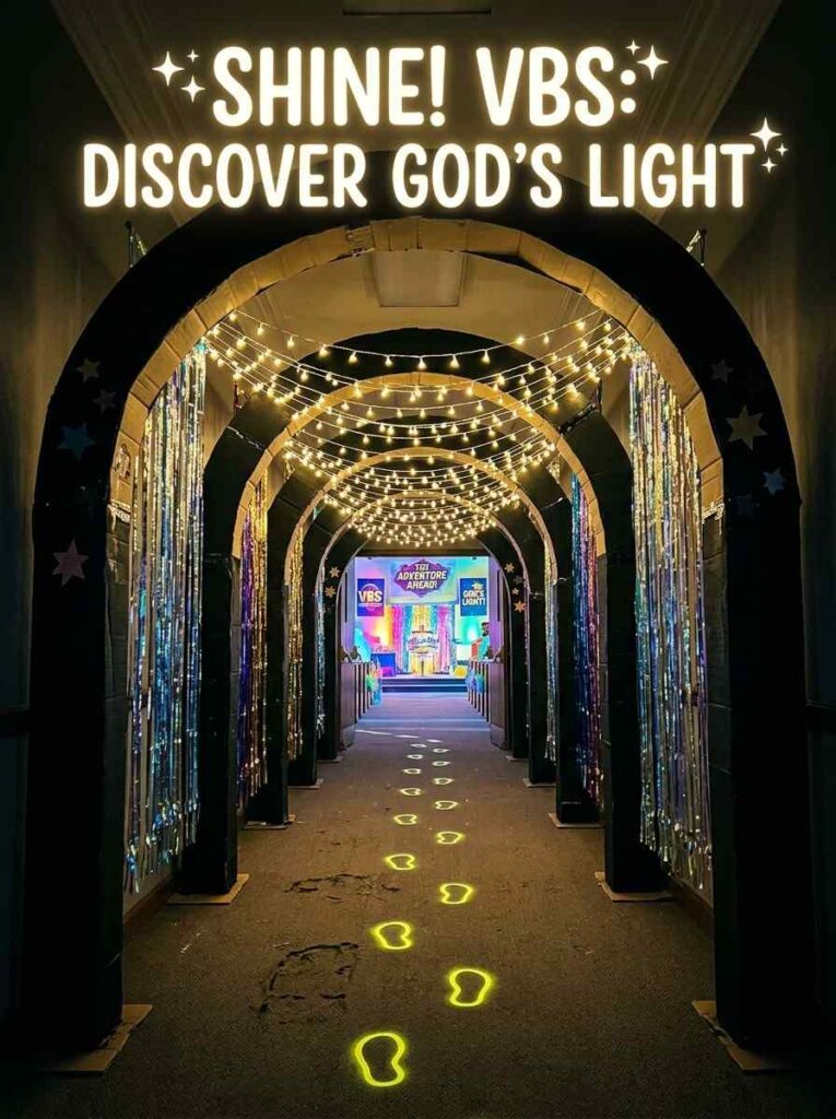 DIY light tunnel for VBS Illumination Station decorations using black cardboard arches, fairy lights, and metallic streamers in a church hallway
