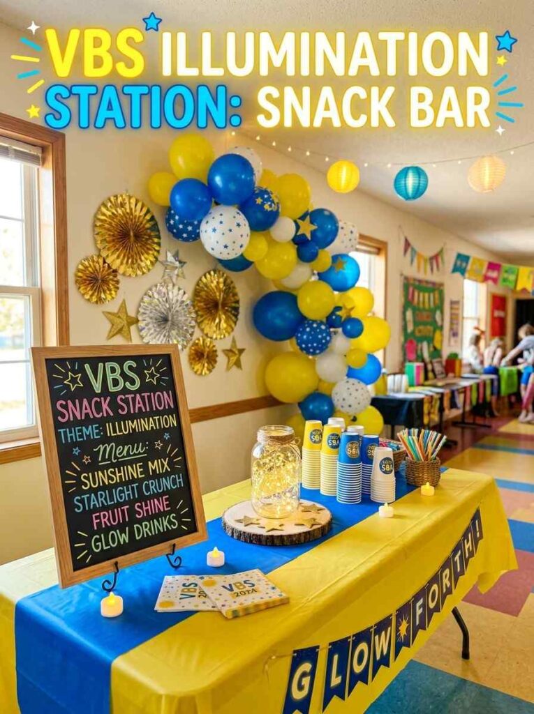 VBS Illumination Station snack station table decorated with gold sunburst fans, balloon clusters, mason jar fairy lights, and a chalkboard menu sign
