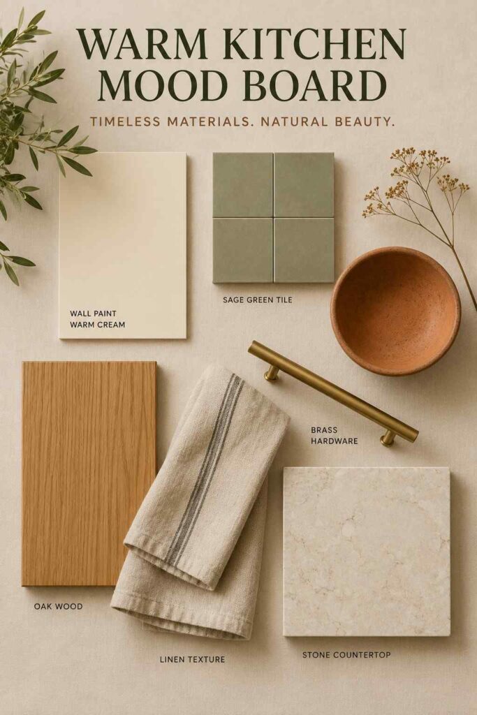 Kitchen Decor Ideas That Make Your Space Warmer, Smarter, and Easier to Love 3 Warm kitchen color palette with sage tile, oak wood, brass, stone, and ceramic samples