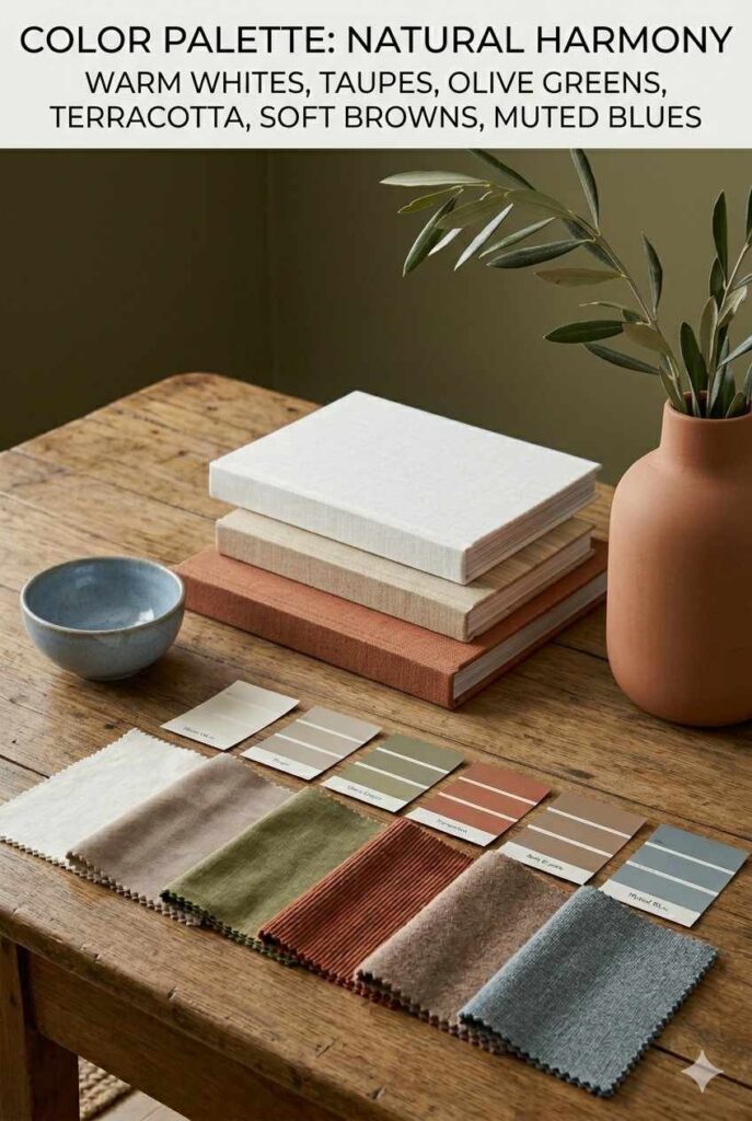 Warm living room color palette with taupe, olive green, terracotta, muted blue, and natural wood tones.