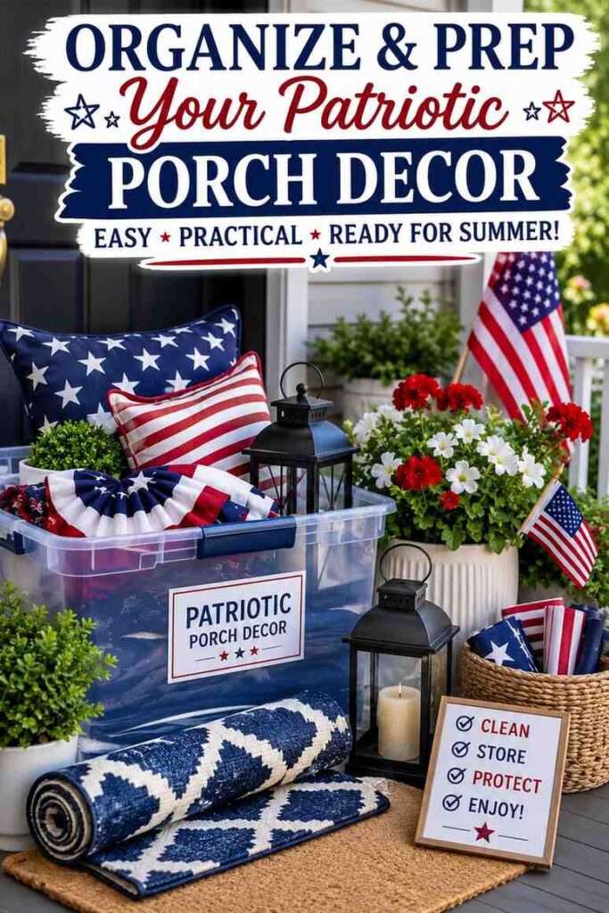 Patriotic Porch Ideas for a Warm, Welcoming American Entry 5 Weatherproof patriotic porch decor with bunting, pillows, lanterns, and storage bin