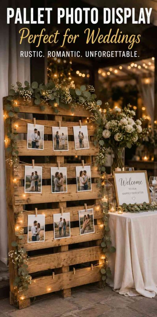 Pallet Photo Display: Rustic DIY Ideas, Safe Wood Tips, and Styling Guide 6 Wedding pallet photo display with engagement photos, greenery, and warm string lights