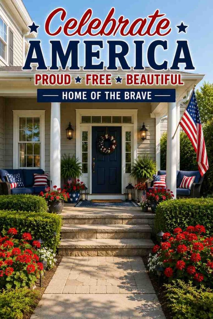Patriotic Porch Ideas for a Warm, Welcoming American Entry 8 Welcoming patriotic porch with summer curb appeal and red white blue decor