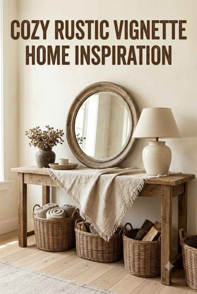 Farmhouse style decor with reclaimed wood, baskets, and vintage accents