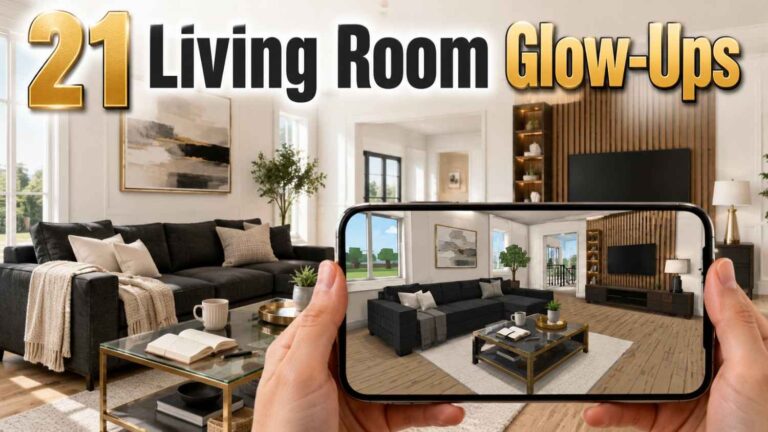 A bright modern living room with a charcoal sofa and glass coffee table, shown next to a phone displaying a Bloxburg living room design idea.
