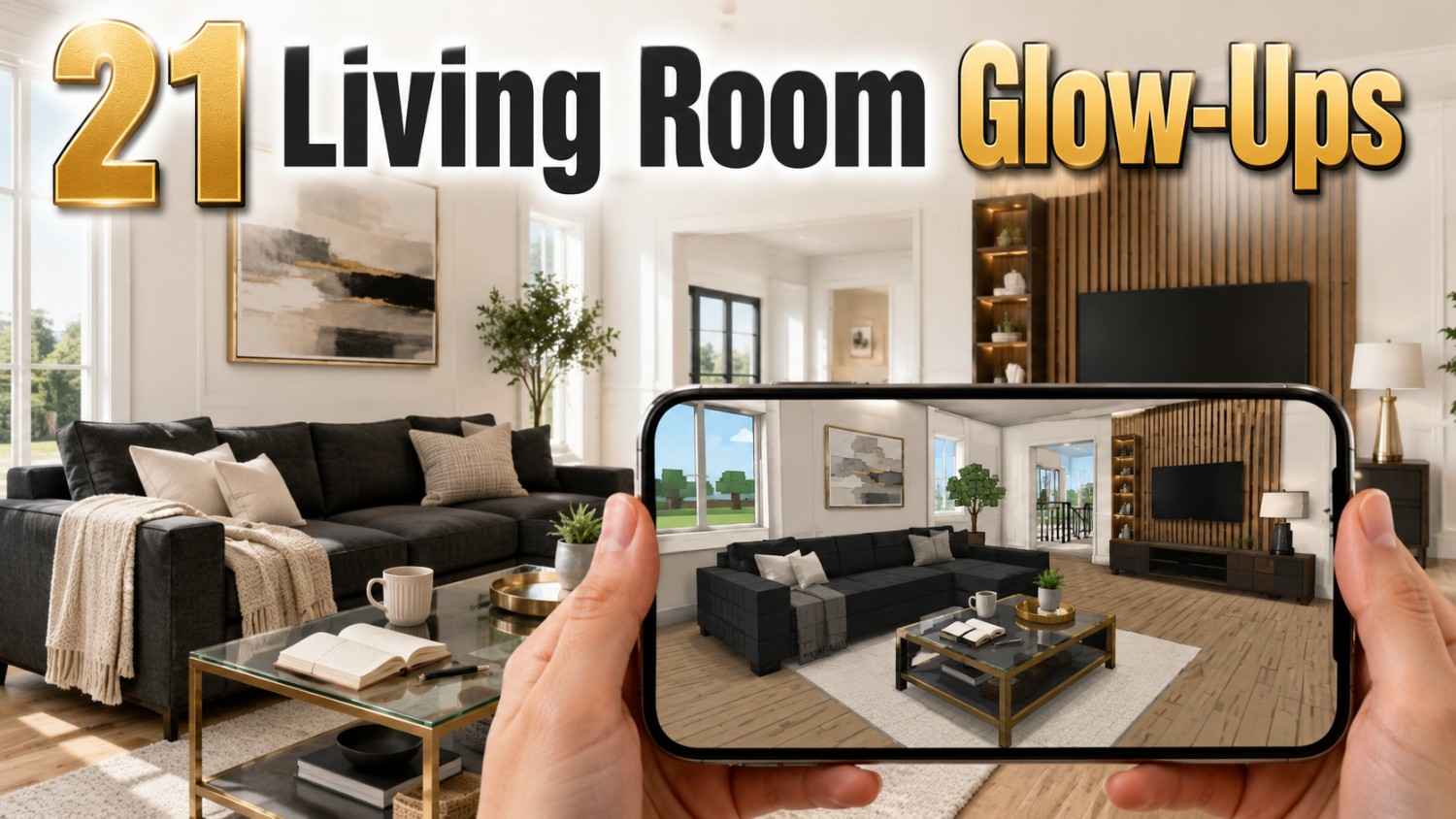 A bright modern living room with a charcoal sofa and glass coffee table, shown next to a phone displaying a Bloxburg living room design idea.