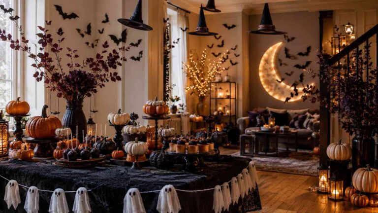 22 Halloween party decorations arranged in a stylish home party setting