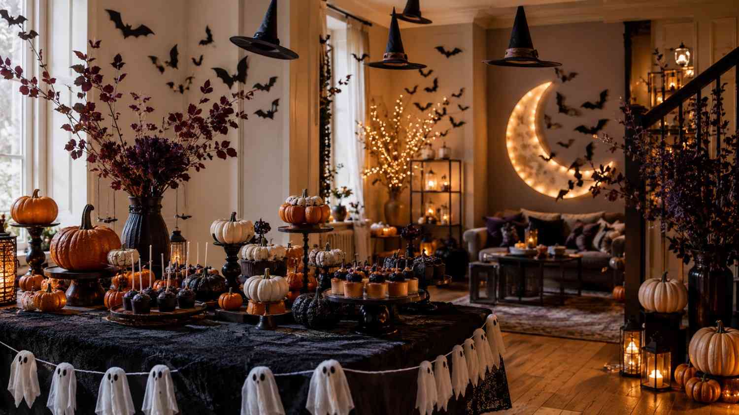 22 Halloween party decorations arranged in a stylish home party setting