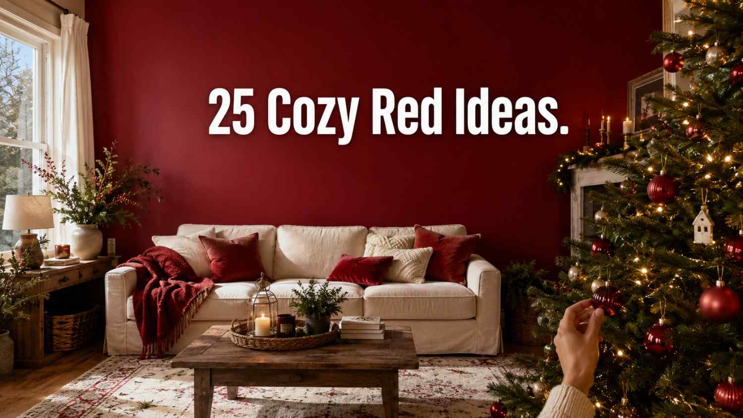 A woman adjusts a red ornament on a Christmas tree in front of a deep red accent wall in a cozy living room.