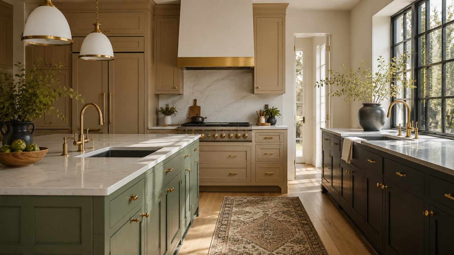 26 kitchen colors ideas shown across khaki, sage green, and charcoal cabinetry
