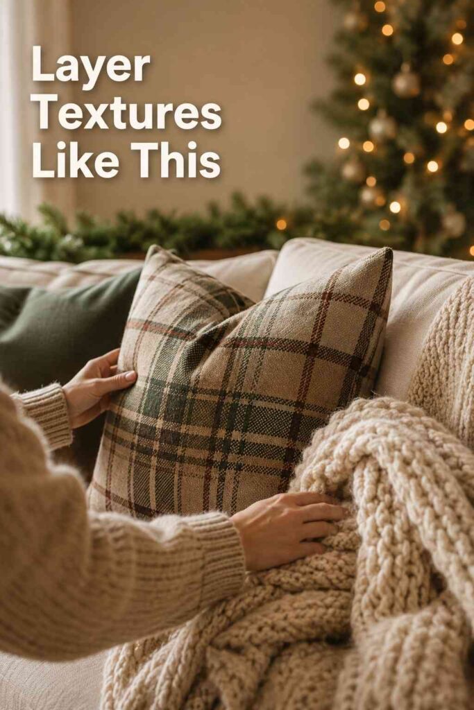 Effortless 23 Cozy Christmas Living Room Ideas to Warm Up Your Home This Holiday Season 3 A person's hands arranging a plaid throw pillow and knit blanket on a couch as part of cozy Christmas living room styling.