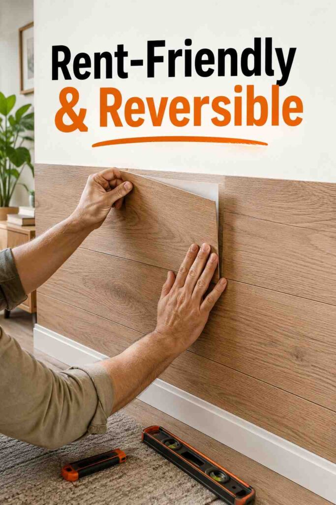 Dreamy 21 Accent Wall Ideas for Your Living Room: The Complete 2026 Style Guide 5 Hands smooth a peel-and-stick wood-look panel onto a living room wall during a DIY installation.