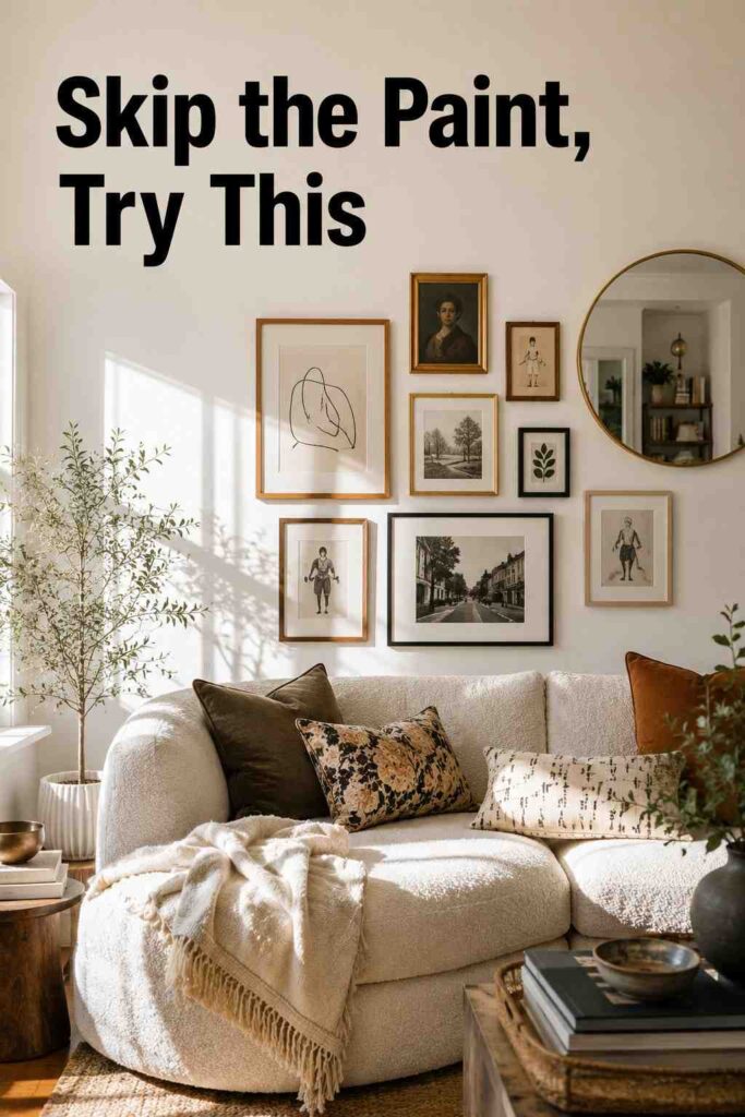 Dreamy 21 Accent Wall Ideas for Your Living Room: The Complete 2026 Style Guide 4 A gallery wall of framed art and a round mirror above a boucle sofa in a sunlit living room.