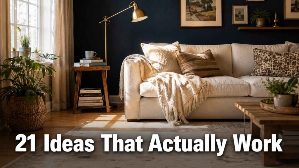 Dreamy 21 Accent Wall Ideas for Your Living Room: The Complete 2026 Style Guide 1 A navy blue accent wall behind a linen sofa in a bright, cozy living room with a brass floor lamp.