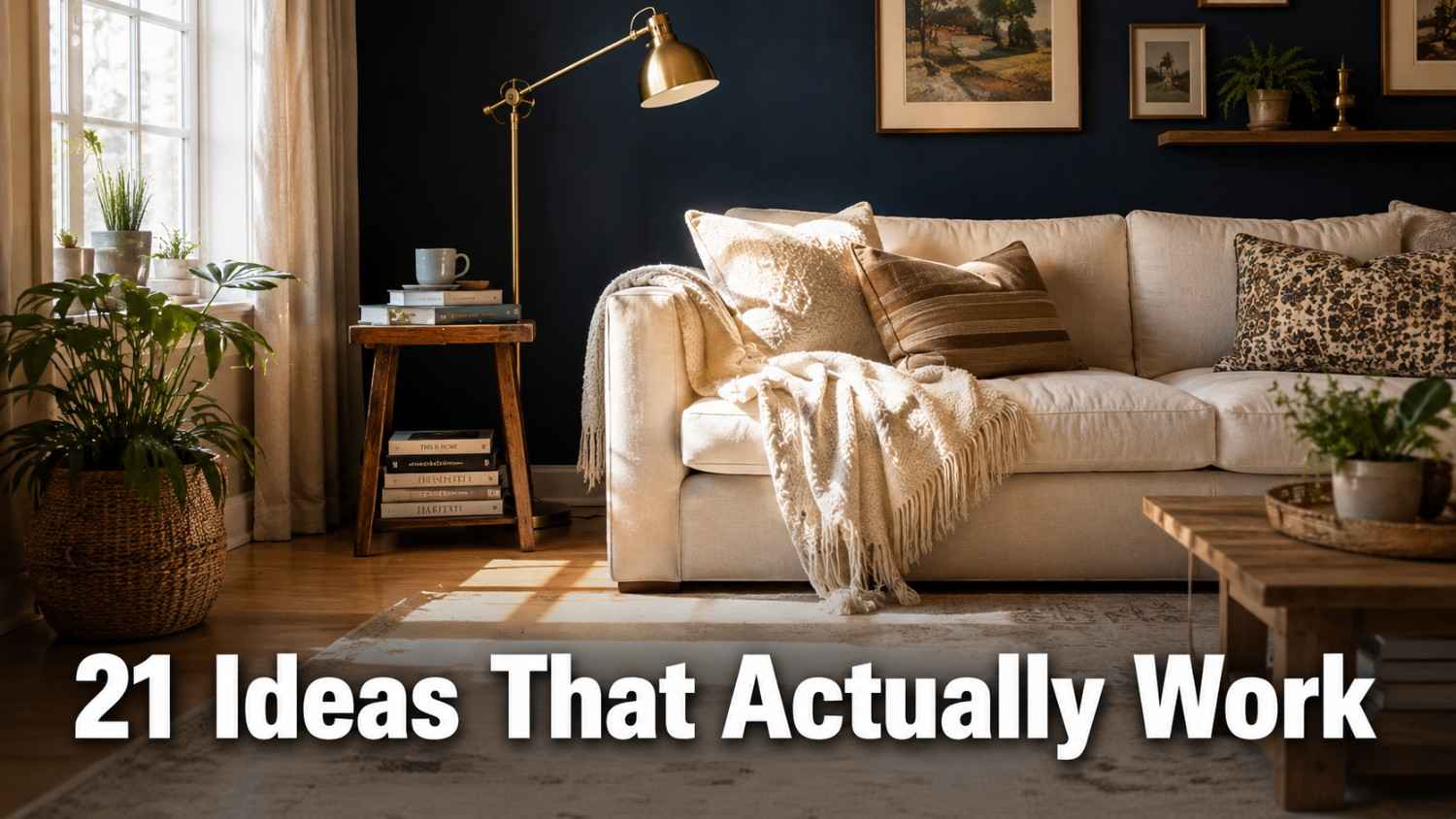 A navy blue accent wall behind a linen sofa in a bright, cozy living room with a brass floor lamp.