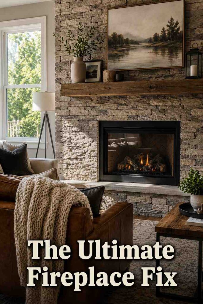 Dreamy 21 Accent Wall Ideas for Your Living Room: The Complete 2026 Style Guide 3 A stacked-stone accent wall surrounds a living room fireplace with a knit throw draped over a nearby chair.