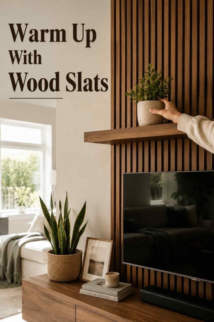 Dreamy 21 Accent Wall Ideas for Your Living Room: The Complete 2026 Style Guide 2 A hand adjusts a small plant on a shelf in front of a walnut wood-slat accent wall behind a TV.
